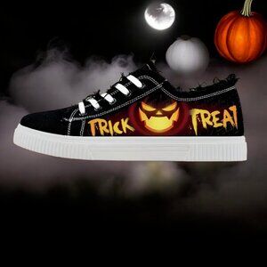 Women Halloween Canvas Shoes "Trick or Treat" -Womens -Blk/Orange Low Top- New!